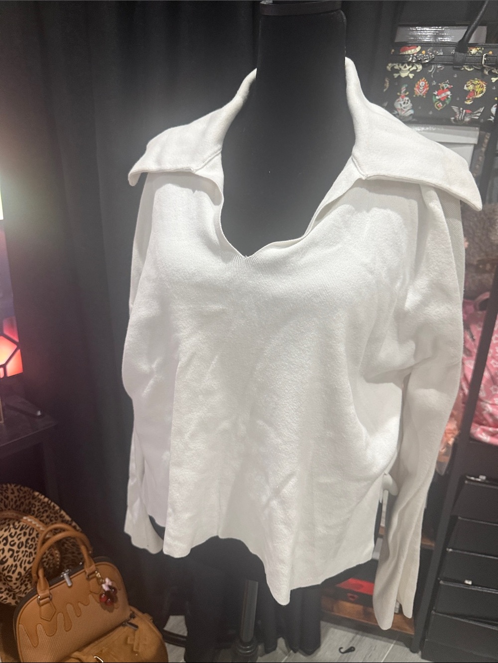 Express White V-Neck Collared Pullover